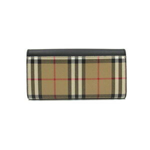 Burberry Long Canvas Bifold Wallet Black Beige Leather